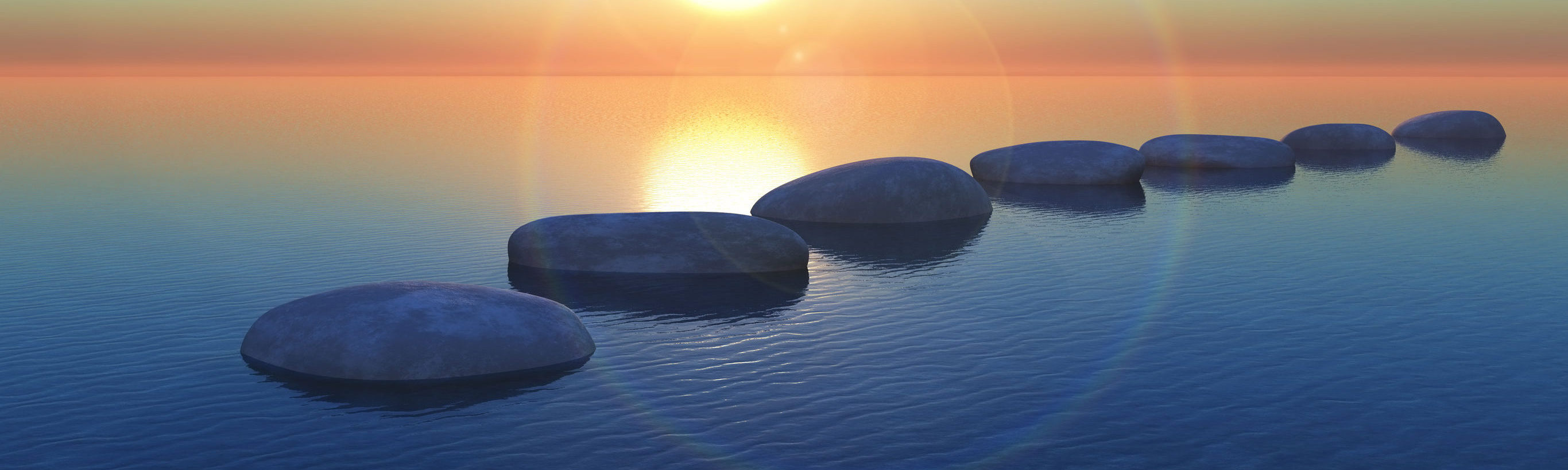 3D render of stepping stones in the ocean at sunset